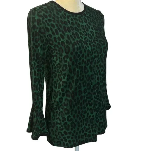 Michael Kors Women's Leopard Print Bell Sleeve Top Green Black Size XS Stretch - Picture 6 of 12